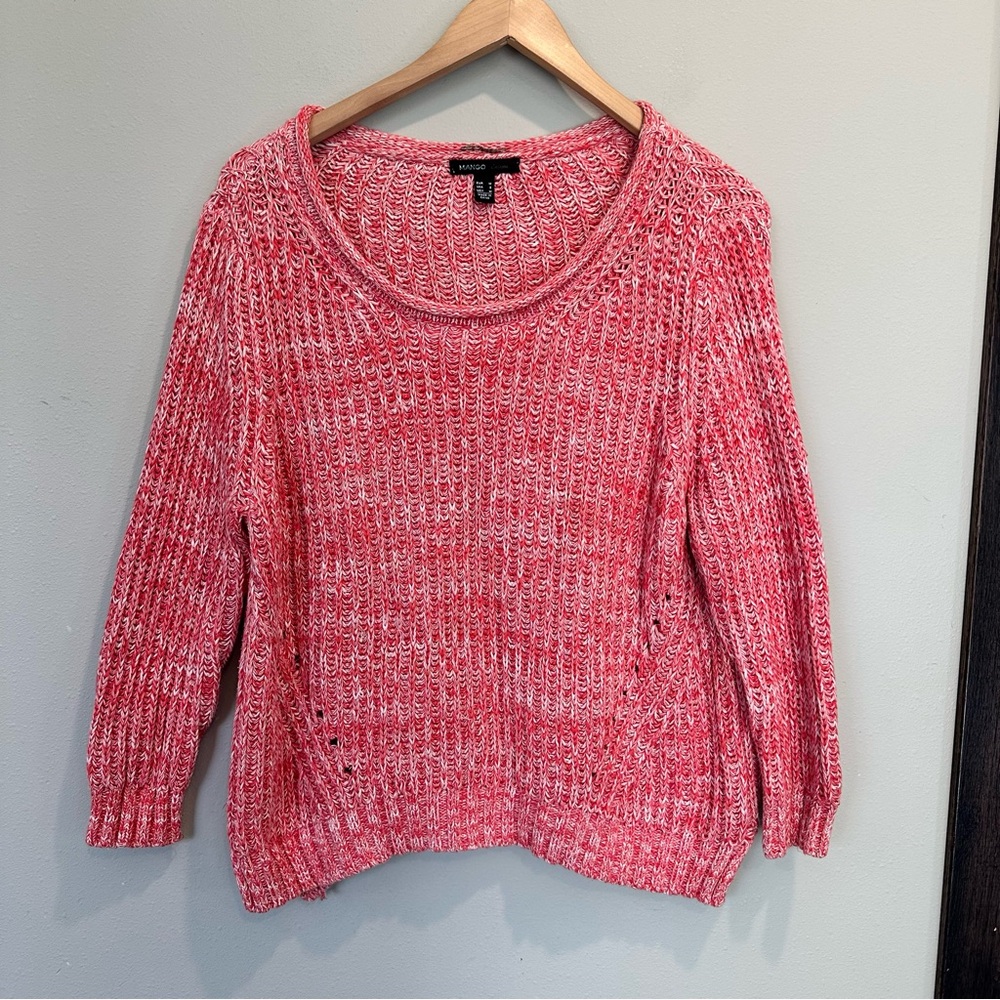 Mango Cable Knit Pink/Red/White Crochet Quarter Sleeve Crop Scoop Neck Sweater